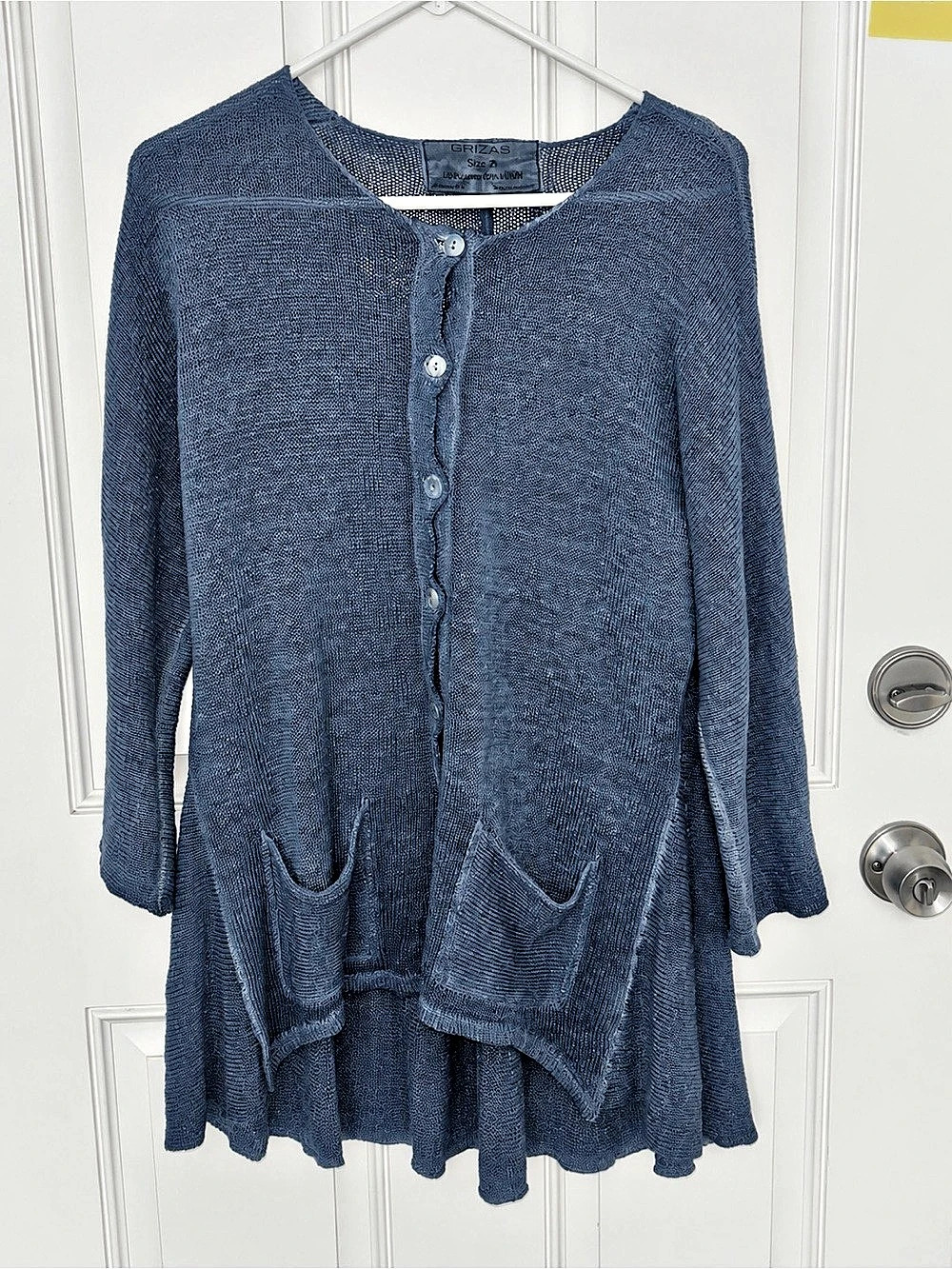 Grizas Lagenlook Blue Linen Cotton Knit Button Front Cardigan Tunic Pockets Med